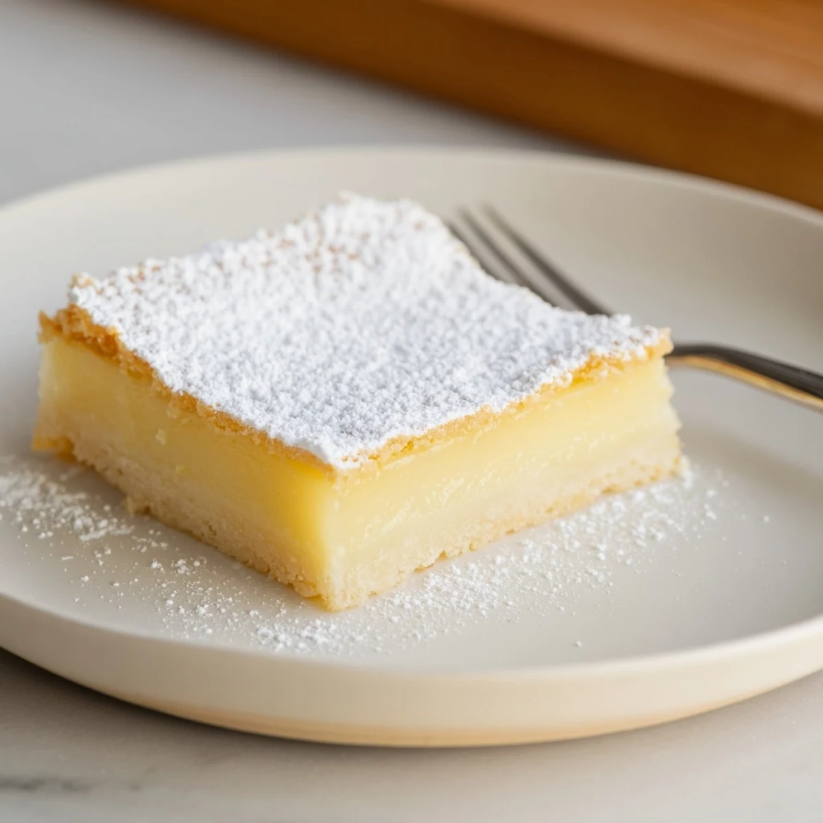 Golden shortbread squares topped with tangy lemon curd and a dusting of powdered sugar  