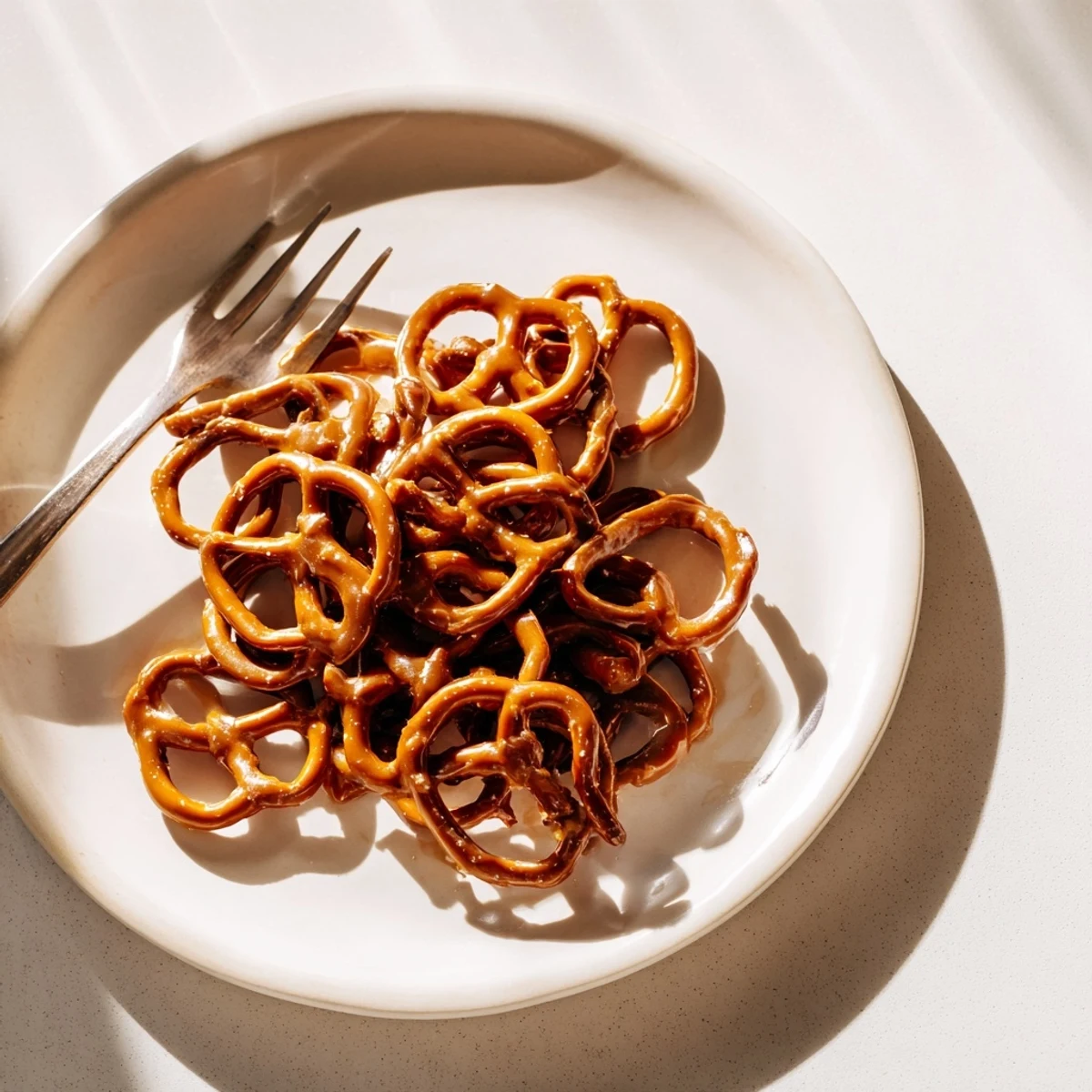 Sweet and crunchy butter toffee pretzels coated in caramel and topped with sea salt.  