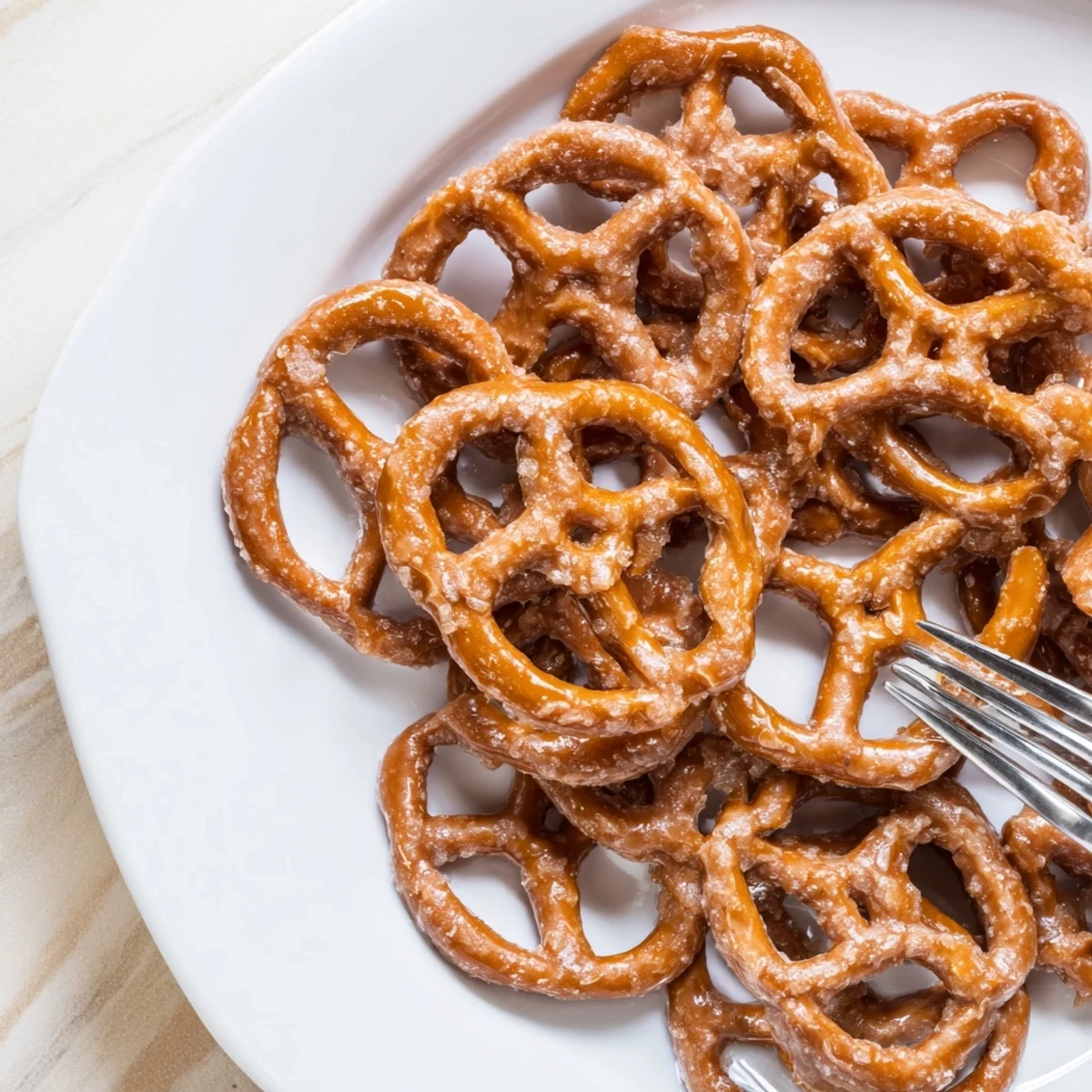 Golden brown butter toffee pretzels arranged on a white baking sheet with parchment paper.  