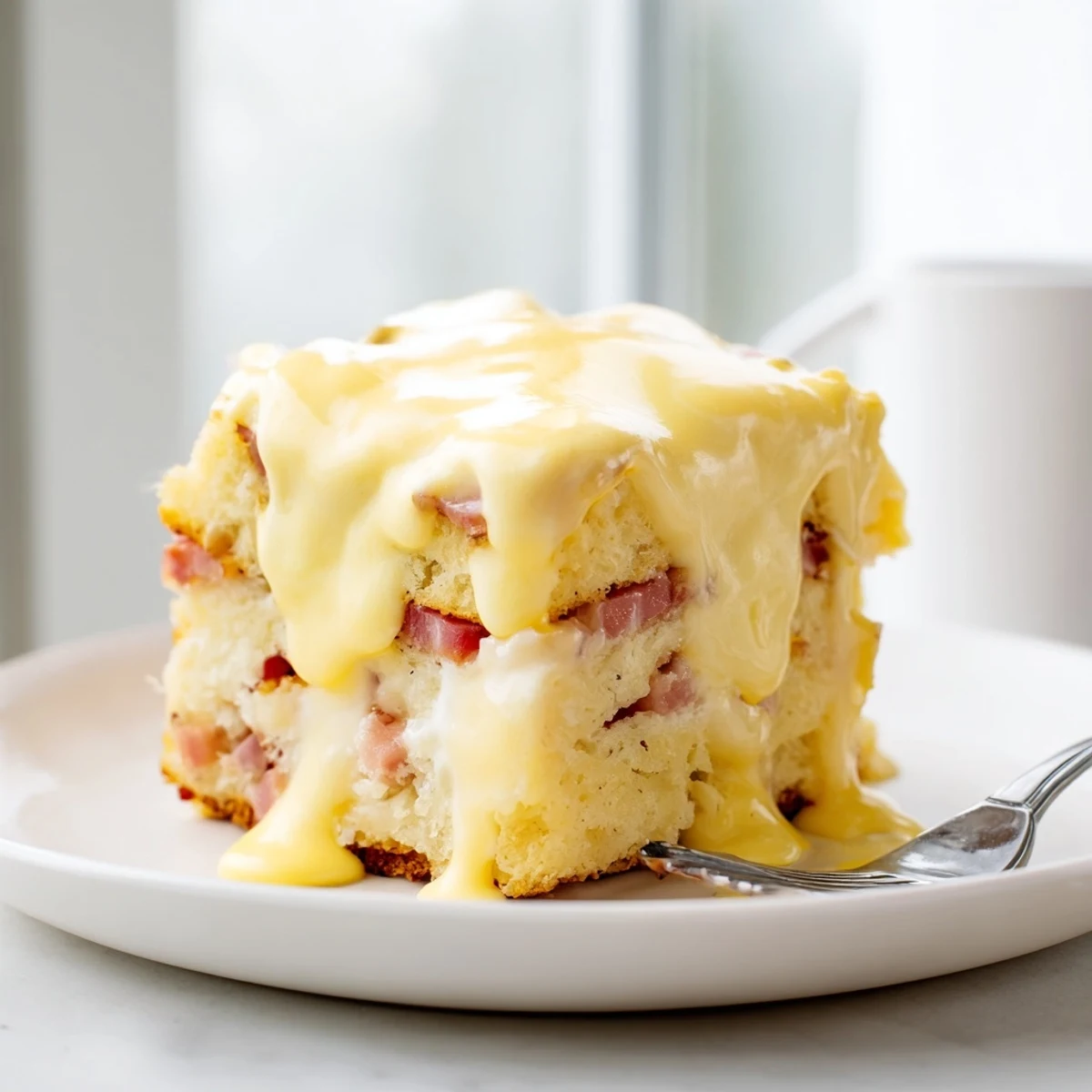 Savory breakfast casserole layered with English muffins Canadian bacon and creamy hollandaise