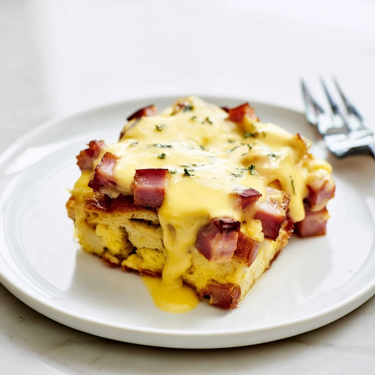 Golden baked Eggs Benedict Casserole drizzled with rich hollandaise sauce for brunch