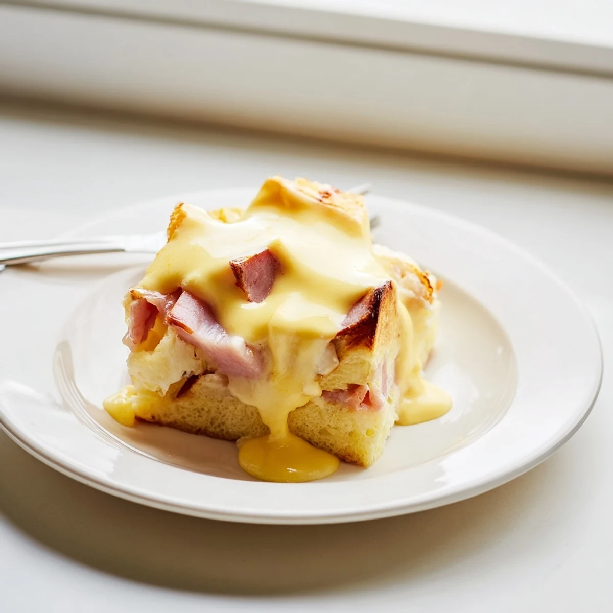 Hearty Eggs Benedict Casserole featuring Canadian bacon fluffy eggs and lemon butter sauce