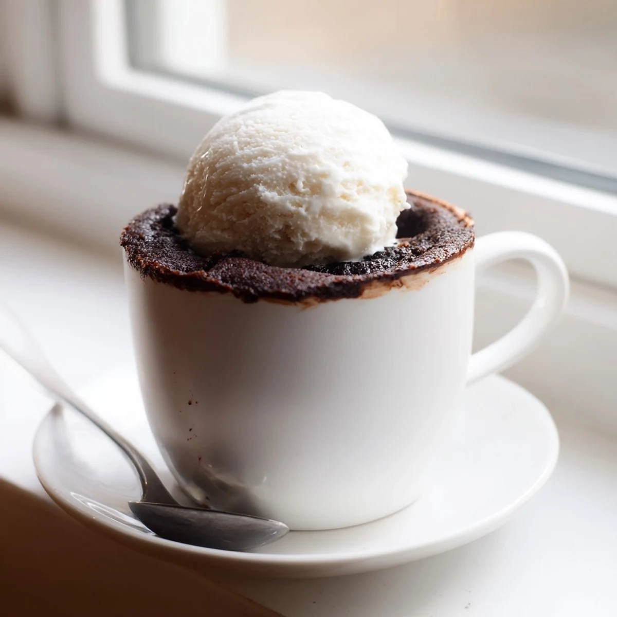 Rich gluten free chocolate mug cake topped with melting chips.