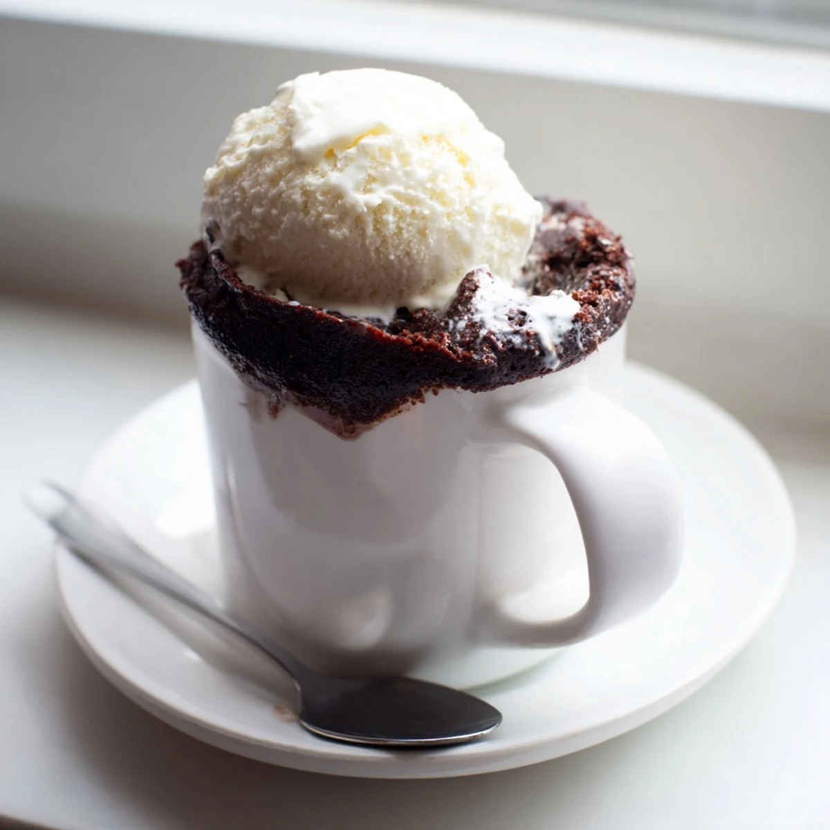 Fudgy gluten free chocolate mug cake in a white ceramic cup.