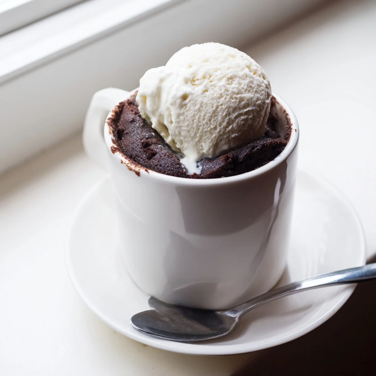 Spoon lifted from warm gluten free chocolate mug cake ready to eat.