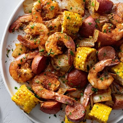 Sizzling Andouille sausage and tender red potatoes are served hot with melted butter and lemon wedges.