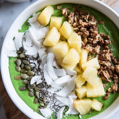 Nutrient-packed spinach and pineapple smoothie bowl garnished with shredded coconut and pumpkin seeds, ready to enjoy with a spoon.