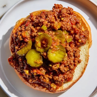 Classic homemade Sloppy Joes on Toasted Buns with Pickles served as a family weeknight dinner.