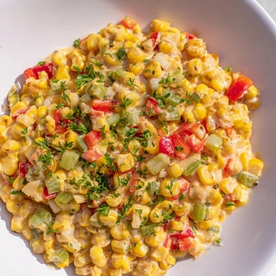 Hearty Creole Corn Maque Choux with Peppers served in a rustic skillet, garnished with fresh parsley, ideal for a Southern-inspired side dish.