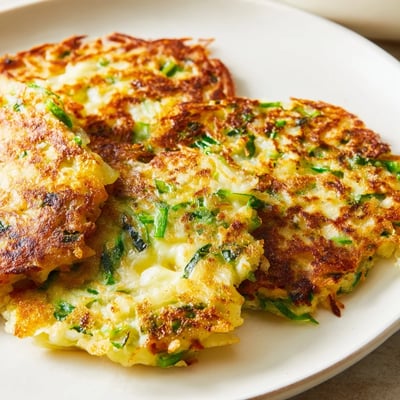 A close-up view shows the crispy, golden-brown edges of an Irish Boxty Potato Pancake topped with fresh scallions.