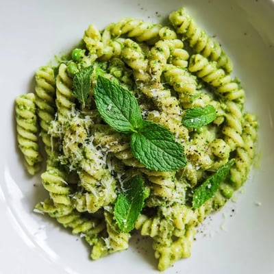 A close-up of Spring Pea and Mint Pesto Pasta shows al dente noodles coated in vibrant mint pesto, dotted with pine nuts.