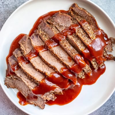 Slow Cooked Beef Brisket with BBQ Sauce served on a plate with a side of creamy coleslaw and tangy pickles for contrast.