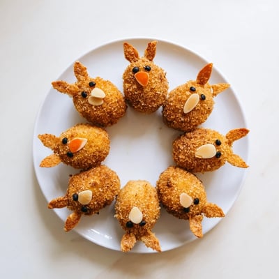 Crispy fried bunny-shaped potato croquettes with carrot noses and peppercorn eyes on rustic wood