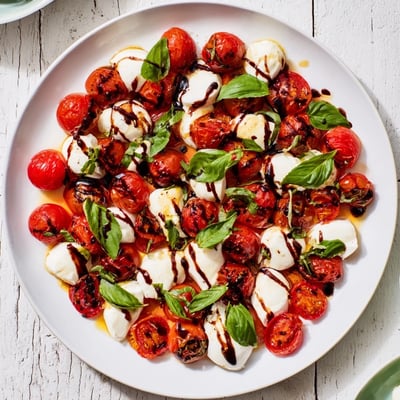 Colorful platter of caramelized tomatoes alternating with creamy mozzarella slices topped with fragrant fresh basil for Roasted Tomato Caprese Salad