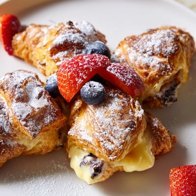 Decadent chocolate croissant breakfast bake served warm with powdered sugar and fresh berries