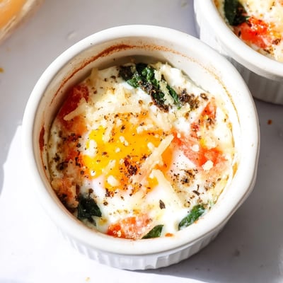 Creamy cottage cheese breakfast casserole with spinach and perfectly set baked eggs
