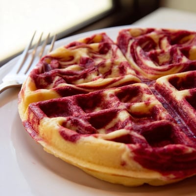 Crispy red velvet marble waffles featuring beautiful red and vanilla batter swirls drizzled with warm maple syrup