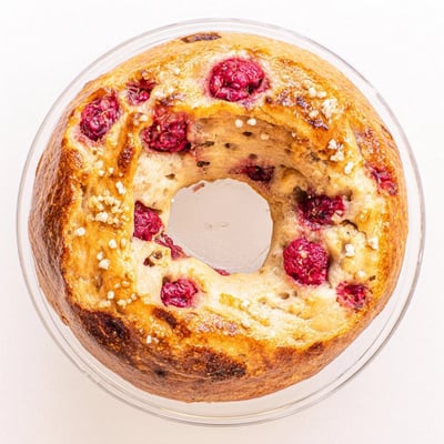 Golden brown sourdough bagels flecked with juicy raspberries on a wooden cutting board