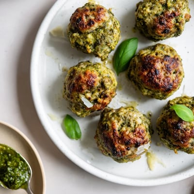 Pesto Baked Turkey Meatballs nestled on parchment, brushed with olive oil sheen