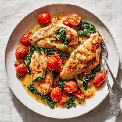 Savory tomato spinach white wine chicken plated with vibrant vegetables and creamy pan sauce