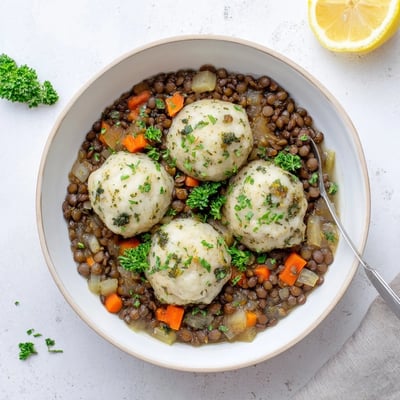 A spoon lifts Lentils With Dumplings, aromatic herbs and tender vegetables visible