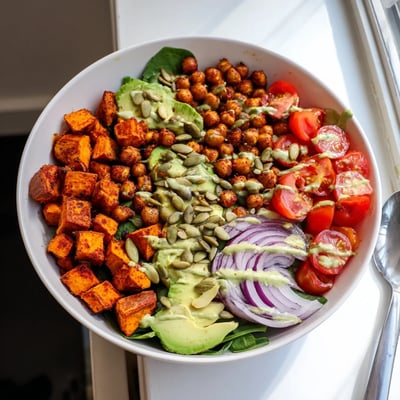 Crispy chickpeas and tender sweet potatoes in a vibrant vegan bowl with sliced avocado