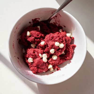 Vibrant edible red velvet cookie dough dotted with white chocolate chips