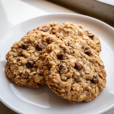 Soft banana oatmeal cookies with cracked tops stacked on a rustic plate