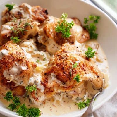 Crispy-skinned creamy oven baked chicken thighs nestled in a bubbling cream sauce