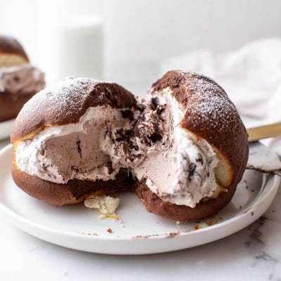 Italian Chocolate Maritozzi resting on parchment, their soft cocoa buns overflowing with creamy filling