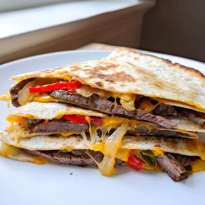 Juicy grilled steak quesadillas cut into wedges served with sour cream and salsa