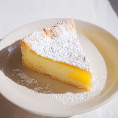 Freshly baked simple lemon bars sliced on a white plate with bright yellow filling  