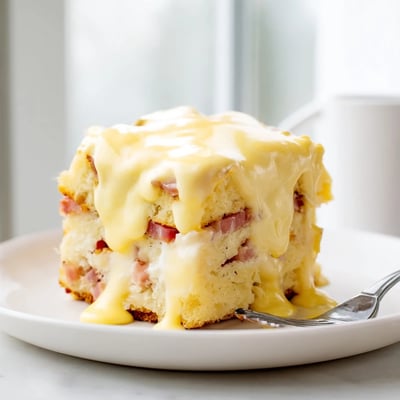 Savory breakfast casserole layered with English muffins Canadian bacon and creamy hollandaise