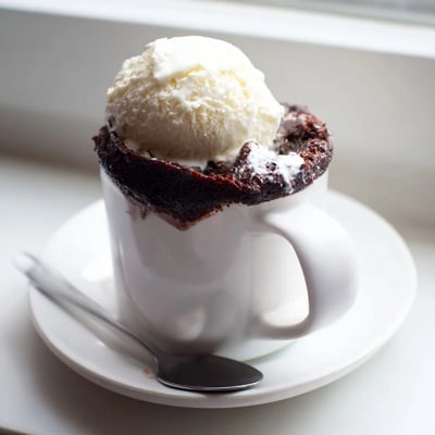 Fudgy gluten free chocolate mug cake in a white ceramic cup.